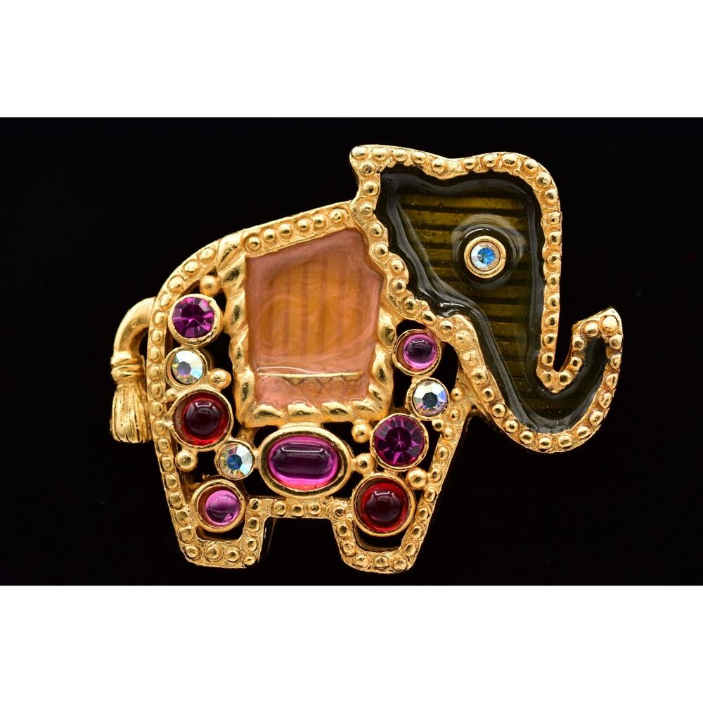 Vintage Elephant Pin Brooch Cabochon Pink AB Crystal Enamel Gold Black 90s BinBP